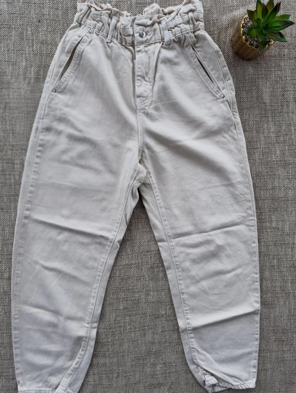 ZARA IVORY PAPERBAG BARREL  Elastic-Waist Casual Pants